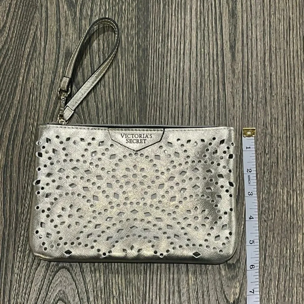 Victoria's Secret Wristlet Bag Makeup Cosmetics Zipper Closure Perforated Gold